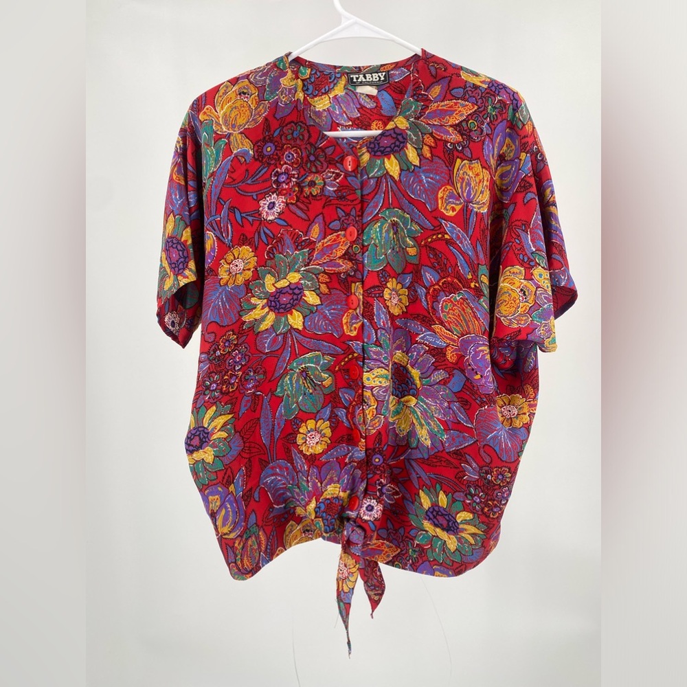 Tabby of California colorful floral front tie button down shirt, size 12 Vintage